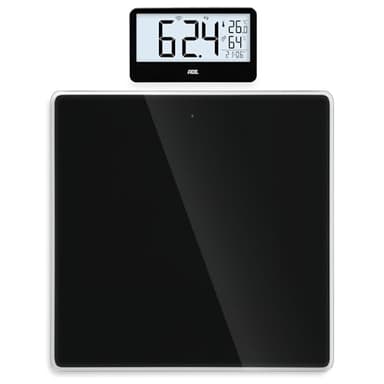 ADE Digitale Personenwaage mit Funk-Display bis 180 kg | ohne Bücken auf Augenhöhe ablesen | ideale Körperwaage für Senioren | mit Baduhr, Hygrometer, Innenthermometer | schwarz