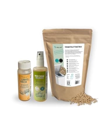 TRELINO Probier-Set Mini, Trenntoiletten Zubehör Starterset in Probiergröße mit Streu für Trenntoiletten, Liquid Fresh Sanitärzusatz, und Holy Shine Bio Active Enzymreiniger