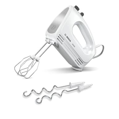 Bosch Handrührgerät, 2 Rührbesen, 2 Knethaken, Edelstahl, spülmaschinenfest, 4 Stufen, Turbostufe, leicht, leise, 400 W, weiß, CleverMixx MFQ24200