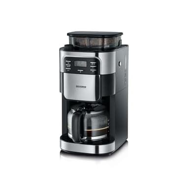 SEVERIN Kaffeemaschine mit Mahlwerk, Kaffeeautomat mit Glaskanne und Timer-Funktion, auch als Filterkaffeemaschine, Glas-Kaffeekanne für 8 Tassen, 1000 Watt, Edelstahl-gebürstet / Schwarz, KA 4810