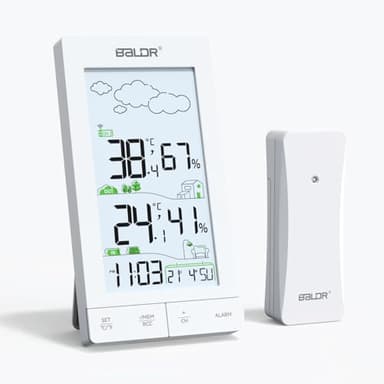 Konsen Wetterstation Funk für Innen/Außen mit Außensensor - DCF Funkuhr, Digitales Thermometer/Hygrometer mit Beleuchtung und Wettervorhersage in Weiß
