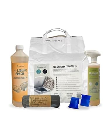 TRELINO Sorglos-Paket, Premium Zubehör für Trockentrenntoilette, Liquid Fresh, Holy Shine Bio Active, Streu für Trenntoiletten, Recycling Beutel und Membrane