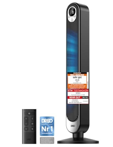 DREO 25dB DC Motor Turmventilator Leiser, 11M Windentfernung Ventilator mit Kühlung Fernbedienung, 9 Stufen 4 Modi, 90° Oszillierender Stand Ventilatoren für Schlafzimmer, Tower Fan mit 12H Timer