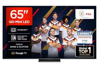 TCL 65Q8C 65 Zoll QD-Mini LED Fernseher, 4K HDR Premium 4500, ZeroBorder, Smart Google TV, CrystGlow WHVA-Panel, Audio von Bang und Olufsen, 144Hz Motion Clarity Pro, Dolby Vision IQ und Atmos