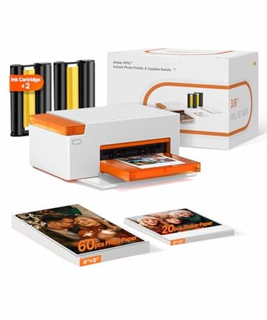 Liene Amber M110 Mini Fotodrucker für Smartphone – inkl. 60 Blatt 10x15 cm Fotopapier + 20 Blatt 7,7 cm Selbstklebende Fotos + 2 Farbbänder – Thermosublimation, Bluetooth, für iPhone & Android