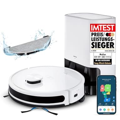 MEDION Saugroboter mit Absaugstation und Wischfunktion X20 SW+ (Lasernavigation, Starke 3000Pa Saugkraft, 2in1 Roboterstaubsauger, präzise Kartenerstellung, Go & No Go Bereiche, mehrere Etagen)