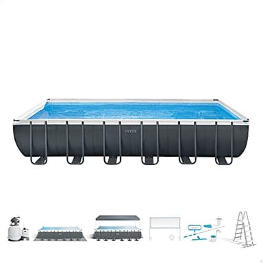 Intex 26368NP – Aufstellpool Ultra XTR Frame Rechteckig, Filterpumpe 7900 L/h, Leiter, mit Deluxe-Zubehörset, 31805 L, Stahl und PVC, Grau, 732x366x132 cm
