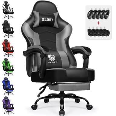 minnouat Gaming Stuhl Ergonomischer mit Fußstütze, Gaming Chair 150 kg Belastbarkeit, Gamer Stuhl aus Kunstleder, Höhenverstellbarer PC Zockerstuhl Bürostuhl für Jugendliche Erwachsene, Grau