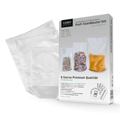 CASO Profi- Standbeutel Set/Vakuumbeutel mit Standboden, ideal für das Vakuumieren von Flüssigkeiten und voluminösen Lebensmitteln, 25 Stk., 3 verschiedene Größen, ca. 150µm, BPA-Frei