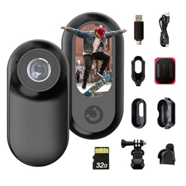 Mini Action Cam Bodycam mit 32GB Speicherkarte, Körperkamera für freihändige Aufnahme, Helmkamera für Fahrrad & Motorrad, tragbare Mini Kamera für Outdoor, Wandern, Skifahren und Alltagsaufnahmen