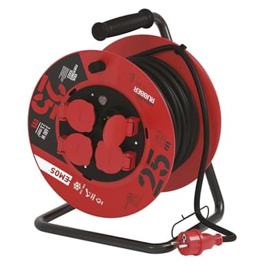 EMOS - Kabeltrommel 25m - 4 Schuko-Steckdosen - wasserdicht, schlagfest, hitze- & kältebeständig - 230V, 16A, 3680W - Gummi-Isolierung - H05RR-F3G 2,5 mm2 - IP44 für Außenbereich