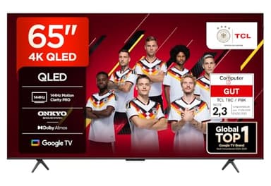 TCL 65T8C 65 Zoll QLED 4K HDR UHD Fernseher, Smart Google TV Dolby Vision Atmos,144Hz Motion Clarity Pro, Game Bar, ALLM, FreeSync, Onkyo 2.1 Sound, Sprachsteuerung, Kompatibel mit Google Assistant