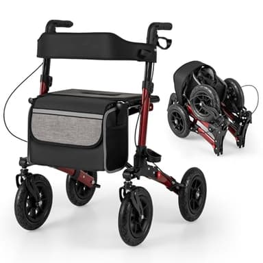 COSTWAY Rollator mit Luftbereifung, faltbar und leicht mit Sitz, Aluminium, bis 140 kg, 2 in 1 Rollstuhl & Reiserollator, Gehhilfe 7-fach höhenverstellbar, Gehwagen mit Tasche & Stockhalter (Rot)