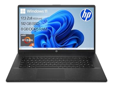 HP Laptop mit 17,3" FHD Display, AMD Ryzen 5 7520U, 8GB DDR5 RAM, 512 GB SSD, AMD Radeon-Grafik, Windows 11, QWERTZ, Schwarz inkl. 25 GB Dropbox-Speicher für 12 Monate