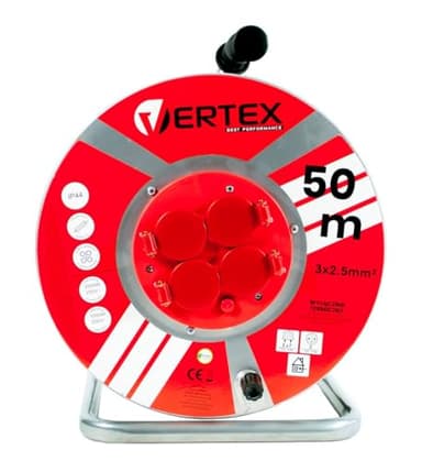 VERTEX Kabeltrommel Metall, 3x2,5mm², IP44, SCHUKO-Erdung, 4 Steckdosen, langlebig, hochwertiges Kabel, Thermosicherung, für Innen- und Außenbereich