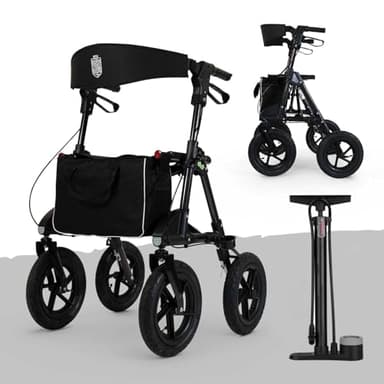 Rollator mit Luftbereifung inkl. Luftpumpe bequemem Sitz und Lehne - robust leicht und faltbar. Der ideale Geländerollator für draußen in Titanschwarz