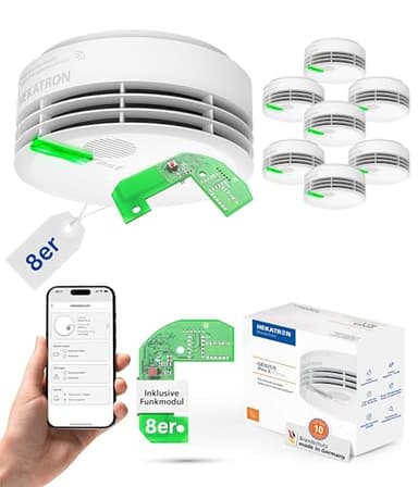 Hekatron Genius Plus X – Rauchmelder vernetzt 10 Jahre Batterie – mit Funkmodul Basis X – Testsieger Stiftung Warentest – made in Germany – Funkrauchmelder Set – mehrsprachig – 8 Stück
