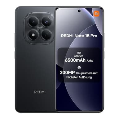 XIAOMI Redmi Note 15 Pro Smartphone (12+512 GB) – 6500-mAh-Akku, 200-MP-Kamera, IP65-Wasserschutz, 6,77" FHD+ AMOLED-Display, Schwarz, 2 Jahre Garantie