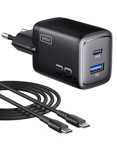 INIU 30W USB C Ladegerät, [USB C + USB A] Schnellladegerät mit Kabel, GaN PD Mehrfach Netzteil, USB C Charger für iPhone 17 16 15 Pro Max, iPad Pro, MacBook Air, Galaxy S26 S25 S24 Ultra Google 10 etc