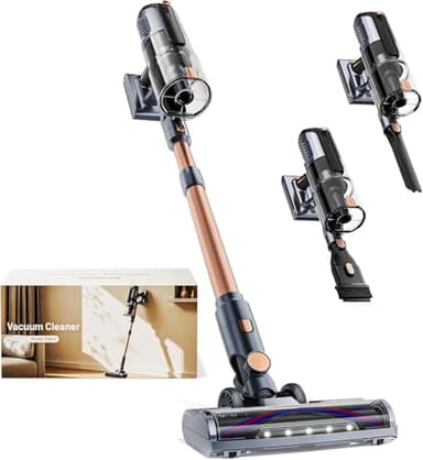 Akku Staubsauger 45000Pa, 60Min, nur 1,9 kg, 6-in-1 Staubsauger Kabellos mit LED-Leuchten, Anti-Tangle-Bürste & Ladestation,99,9 Prozent Filterleistung für Tierhaare, Teppiche, Hartböden, Auto