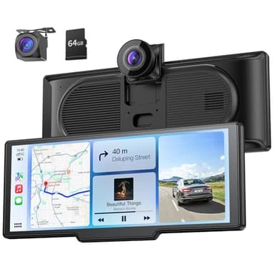 9,26" Drahtloses Tragbarer Car Play Display mit 4K-Front- & HD-Rückfahr-Dual-Dashcam für Apple CarPlay & Android Auto mit OTA-Updates, Mirror Link, Bluetooth 5.0, Sprachsteuerung, GPS, FM