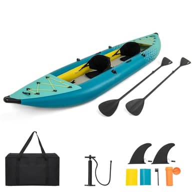 HOMASIS Kajak Aufblasbar für 2 Personen, Schlauchboot mit 2 Aluminiumpaddel & 2 Flossen, verstellbare Sitze & Fußstützen, Kanu mit Tragetasche, Pumpe & Reparaturset, bis 230 kg belastbar (Türkisblau)