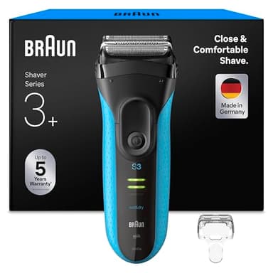 Braun Rasierer Herren Elektrisch Series 3+, 3040si, Blau - Kabelloser Elektrorasierer mit 3 Flexible Klingen, Barttrimmer mit 45 Min. Akku, Wasserdicht, Made in Germany, Inkl. Schutzkappe