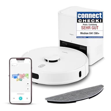 MEDION Saugroboter mit Absaugstation, Lasernavigation und Wischfunktion X41 SW+ (Starke 8000Pa Saugkraft, 2in1 Roboterstaubsauger, präzise Kartenerstellung, Go & No Go Bereiche, mehrere Etagen)