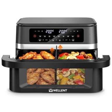 WELLENT 12L Dual Zone Airfryer XXL - 2950W Heißluftfritteuse 2 Kammern(6+6L) - Heissluftfritteuse Doppelkammer mit Sichtfenster, Match & Sync-Funktion, Schüttel-Erinnerung, Spülmaschinenfest