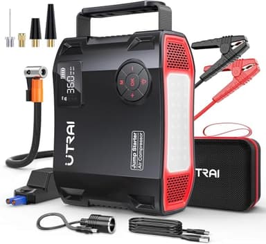 UTRAI 27000mAh Starthilfe Powerbank für Pkw, 7000A Booster Auto Starthilfe Powerbank mit Kompressor, 1600 Lumen LED Taschenlampe, QC3.0, 160W DC-Ausgang, Jump Starter für All Benzin, 12L Dieselmotor