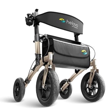Helavo Rollator mit Luftbereifung für Draußen - Faltbar und Leicht mit Sitz, Aluminium Outdoor Walker - Klappbar für Außenbereich