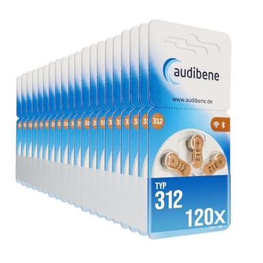 audibene Hörgerätebatterien Typ 312 braun, Batterien für Hörgeräte 120 Stück Vorratspack, Made in Germany, inkl. GRATIS Reinigungstuch, Wireless Approved, quecksilberfrei