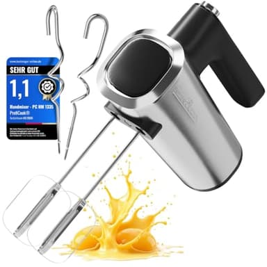ProfiCook® Handmixer | 5 Stufen | sanfter Start | spülmaschinengeeignetes Zubehör | Turbo | 400W | Mixer Handrührer | 2 Edelstahl-Rührbesen und 2 Knethaken | Handrührgerät | PC HM 1335