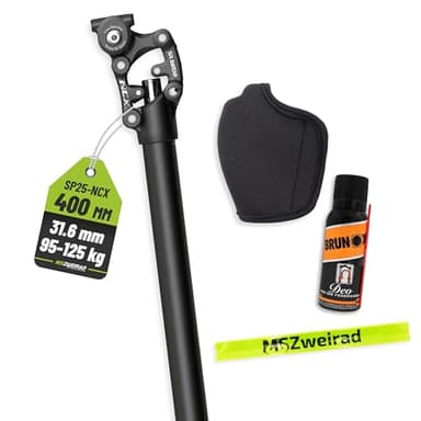 Suntour Federsattelstütze SP12/25-NCX Durchmesser 27,2mm/30,9mm/31,6mm, Länge 400mm,Gewicht 65-95kg, 95-120kg Parallelogramm inklusive Brunox Deo und MSZweirad Reflexband (95-120 kg, 31,6 mm)