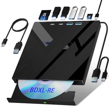 7-in-1 Externes Blu-ray-Laufwerk, USB 3.0 Typ-C Optischer externer Bluray/DVD-Laufwerk Brenner mit SD/TF-Anschluss, unterstützt 100G Disc R/W für PC, kompatibel mit Windows XP/7/8/10/11, Mac, Laptop,