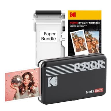 KODAK P210 Mini 2 Retro, Mobiler Farbig Fotodrucker, Kompatibel mit Smartphone (iOS & Android), Bluetooth, 54x86 mm, 4Pass-Technologie, Laminierung, 6 Kartuschen, 38 Blatt, Schwarz