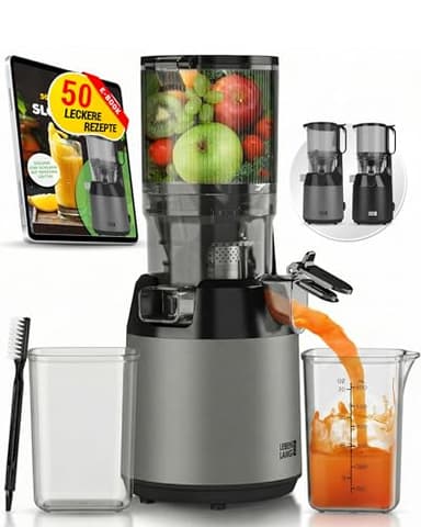 LEBENLANG Entsafter Slow Juicer - Inkl. Rezeptbuch & Große 130mm Öffnung I Perfekt für Obst ganze Früchte und Gemüse 100% BPA-Frei I Edelstahl Presse Juice makerSaftpresse Elektrisch Slow Juicers