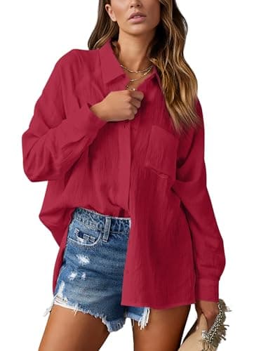NONSAR Damen Bluse Elegant V-Ausschnitt Hemd Bluse Langarm Causal Lässige Hemden Fahion Oberteile Tunika Elegant Tops mit Tasche(9360S,Weinrot)