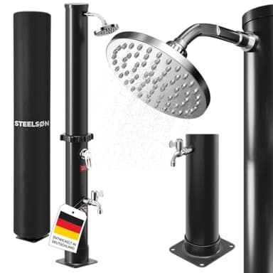 STEELSØN Velion Solardusche Garten 20 L – Solar Gartendusche Winterfest – Außendusche 60° schwarz – Pooldusche mit Fußdusche & Regenduschkopf – Campingdusche inkl. Gartenschlauch-Anschluss & Cover