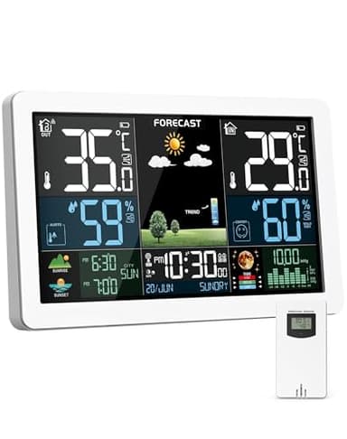 Wetterstation Funk mit Außensensor, Farbdisplay, Wettervorhersage, Temperatur, Luftfeuchtigkeit, Wecker mit Schlummerfunktion, Luftdruck,60m Übertragungsentfernung, für Innen und Außen
