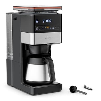 KRUPS Grind Aroma XL Filterkaffeemaschine, abnehmbares Kegelmahlwerk, digitales Bedienfeld, XL-Fassungsvermögen (1,25 L), Edelstahl-Thermoskanne, Schwarz/Edelstahl, KT842810