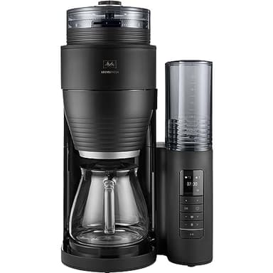 Melitta AromaFresh Pro X – Filterkaffeemaschine mit integriertem Mahlwerk, entnehmbarem Wassertank, Glaskanne und Timer-Funktion, für bis zu 10 Tassen Kaffee, in Schwarz/silber