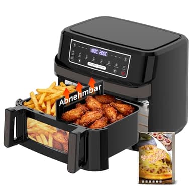Heißluftfritteuse 12L | Air Fryer XXL Variabel für Einzel und Zweikammer, 2600W Doppel-Heizelement Separate Temper mit Sichtfenster und Innenlicht, Airfryer Doppelkammer 8-in-1 Touch-Steuerung Rezept