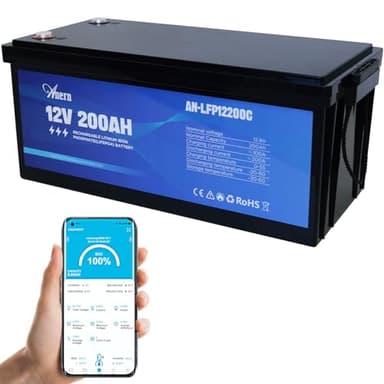 Anern 12V 200Ah LiFePO4 Batterie Bluetooth Deep Cycle Lithium Batterie 200A BMS, 2560Wh Lithium Akku bis zu 15000 Zyklen, perfekt für Wohnmobile, Solar, Boot, Camping,Off-Grid-Systeme