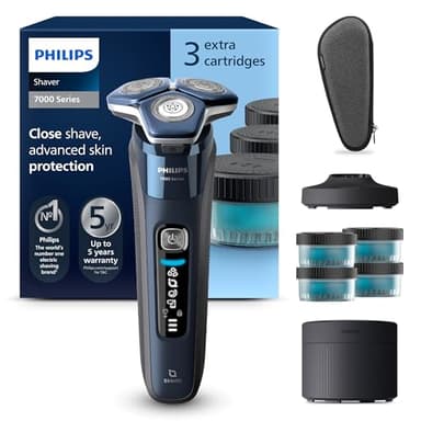 PHILIPS Shaver Series 7000 – Elektrischer Rasierer für Herren, Nass- und Trockenrasierer, ausklappbarer Trimmer, Reinigungsstation, 4 x Reinigungskartuschen, Ladestation & Reiseetui (Modell S7885/63)