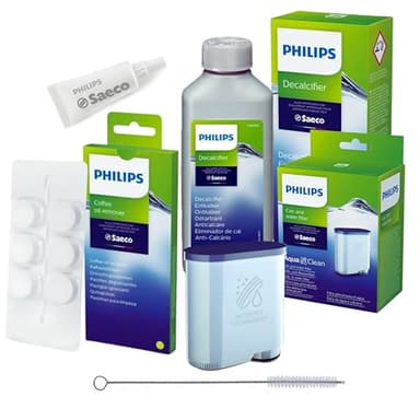 Philips AquaClean Rundum-Pflegeset für Kaffeevollautomaten (enthält Wasserfilter CA6903), Entkalker 250 ml, Schmierfett HD5061, Kaffeefettlöser CA6704/10 (6 Tabletten), Reinigungsbürste Luxoomy