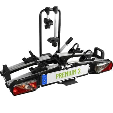 EUFAB 11521 Fahrradträger PREMIUM 2, E-Bike geeignet, komplett vormontiert, Diebstahlschutz, für 2 Fahrräder, für Anhängekupplung, Schwarz, Silber