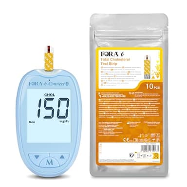 FORA 6-in-1 Cholesterin Messgerät mit Bluetooth, Starterset inkl. 10 Gesamtcholesterin-Teststreifen, Blau