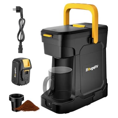 BougeRV Akku-Kaffeemaschine, 144 Wh Akku (8 Ah) für bis zu 6 Tassen (240ml), AC 230V Camping Kaffeemaschine für gemahlenen Kaffee & Kaffeepads, mobile Kaffeemaschine für Camping, Baustelle, Wohnmobil