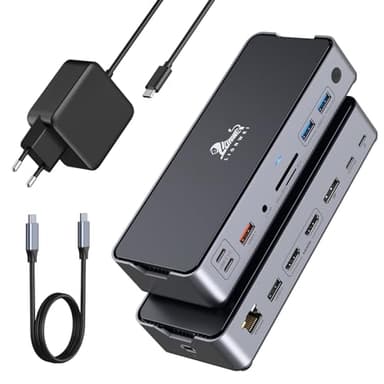 USB C Docking Station mit 65W Netzteil Dockingstation Laptop Dual Monitor 15 IN 1 USB C Dock Triple Display mit 2 HDMI, 8K DisplayPort, 10 Gbps USB 3.1, 100W PD, RJ45, SD/TF, Audio